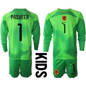 Holandia Remko Pasveer #1 Bramkarskie Koszulka Podstawowych Dziecięca MŚ 2022 Długi Rękaw (+ Krótkie spodenki)